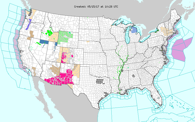 This image displays watches, warnings, statements and advisories issued by the National Weather Service